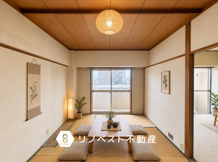 八戸ノ里グランドマンションB棟の和室|約6帖の和室！
納戸に面し、収納力バッチリ◎お子様の遊び場としても◎
※一部写真は、ホームステージングイメージとなっております。