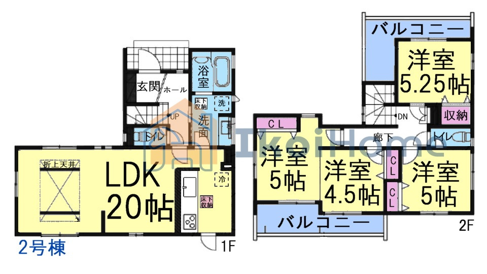 神戸市西区玉津町今津　2号棟　新築戸建の間取り|●年中無休：当日予約可●LDK20帖！対面キッチンで開放的！折上天井がお洒落です！2階洋室4部屋！