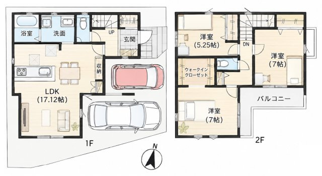 八潮市上馬場　新築戸建の間取り|WIC＋SIC付きの収納充実な3LDKの邸宅です