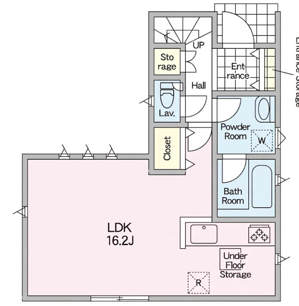 【収納充実の3LDK】高知市百石町第４　新築一戸建て　2号棟の間取り|1階は16.2帖のLDKと浴室・洗面など水回り☆キッチンはスペースを活用しながらもリビングと一体感のある配置です♪