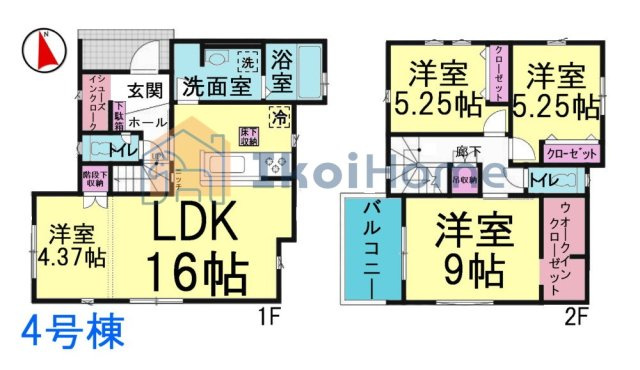 神戸市西区玉津町出合　4号棟　新築戸建の間取り|●年中無休：当日予約可●南向きLDK16帖の横には洋室4.37帖がありますので広くご使用いただけます