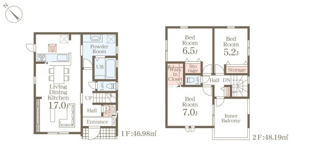 N・福岡市東区若宮2丁目第25-2棟（1号棟）の間取り|全居室収納付きで便利です。