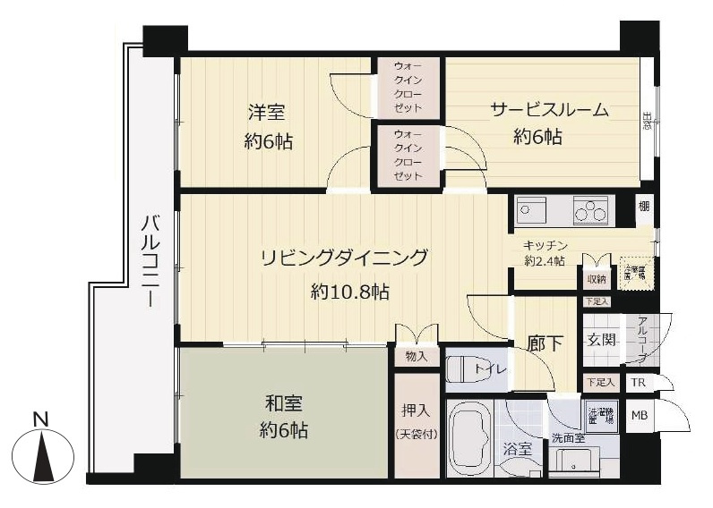 リーベックス所沢パレージュの間取り|床暖房付LDK13.2帖、全居室6帖以上、サービスルーム6帖あり、日当たり・通風良好な3階部分お部屋です。
