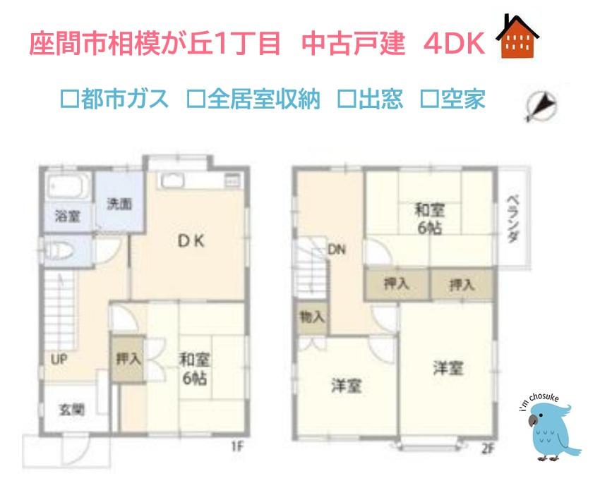座間市相模が丘1丁目　中古戸建　21.66坪の間取り|全居室収納完備で、空間広々使える！家族にもおすすめな４DK♪
家計に優しい都市ガスエリアにございます。