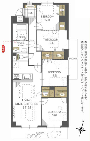 万葉ハイツ東加古川　15階の間取り|4LDK＋WIC＋共有クローゼットです。