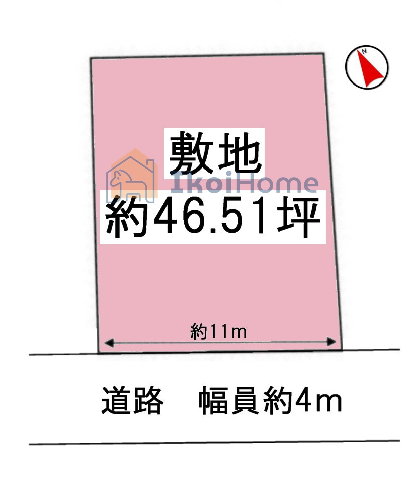 明石市魚住町金ケ崎　土地の土地図|前面道路は幅員約4ｍ。接面11ｍとゆったりしております。古家付きになります