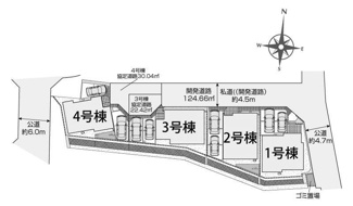 【区画図】 | 秦野市東田原  4号棟 | 4号棟　旗竿地（間口約2.2ｍ）　東側約4.5m開発道路（私道・持分有）　駐車2台（車種によります）　敷地面積51.3坪（協定道路部分含む）