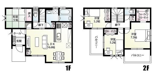 古河市中田新田　新築一戸建ての間取り|用途によって使い分けの出来る２面バルコニーは採光良好です♪