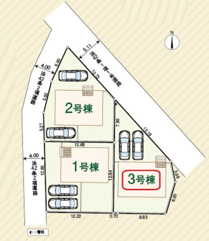 飯能市川寺・全3棟　新築一戸建　3号棟の区画図|【全3棟・3号棟】並列2台駐車可能。