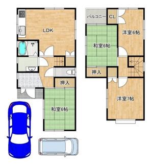 【間取り】 | 今木町　中古一戸建 | 【駐車２台可能（車種制限有）】セカンドカーや来客時にも安心ですね♪広々駐車スペースはママやお子様の自転車も停められますね