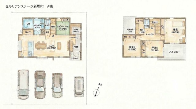 セルリアンステージ 周南市新堤町の間取り|A棟の間取り図
18.5帖LDKに3.37帖のホビールームが隣接。玄関土間クロークや2階の2.25帖FCIなど各所に収納を配置。リビング階段や南向きバルコニーを備え、動線と採光に配慮された間取りです