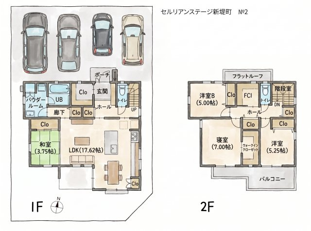 セルリアンステージ 周南市新堤町の間取り|2号棟間取り図
17.62帖LDKに小上がりの3.75帖和室が隣接。回遊性のあるⅡ型アイランドキッチンや主寝室WIC、2階FCIを備え、南向きバルコニーにより家事動線と採光に配慮された間取りです。