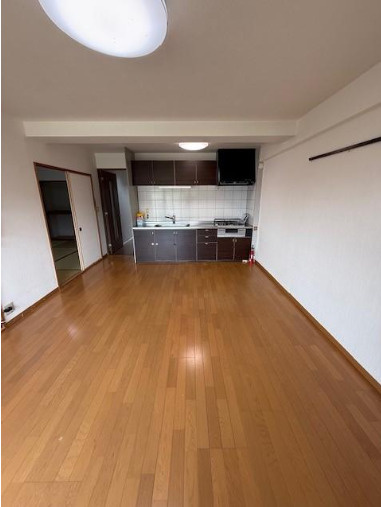 高知市大谷公園町の中古マンションの居間・リビング|落ち着いたダークブラウンの面材がお洒落なシステムキッチン♪