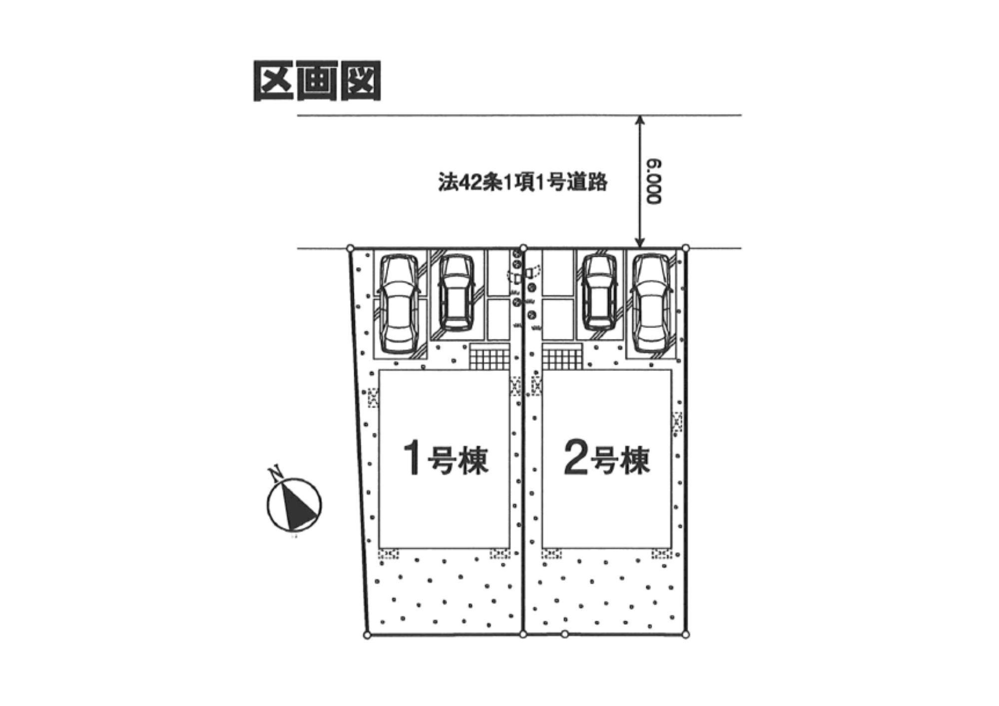 青梅市河辺町3期の区画図|2棟ともに駐車２台可能です。２号棟は１１月に完成予定です。