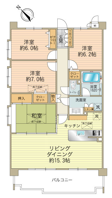 全室6帖超を確保したゆとりある４ＬＤＫ　角部屋3面採光です