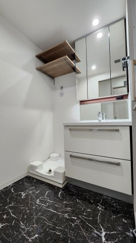 フクダ不動産八木駅前マンションの独立洗面台|収納豊富な洗面化粧台、室内洗濯機置き場あり