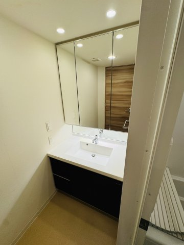 三面鏡裏収納がある洗面化粧台。
洗面ボウル一体型カウンターが採用されておりお手入れもしやすいです。