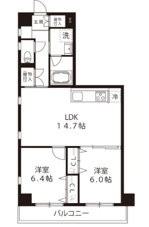 グランデュールⅥ羽田の間取り|角部屋2面採光の2LDK
