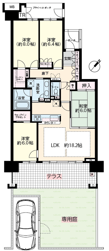 階下に気兼ねの要らない専用駐車場・専用庭付きの１階住戸