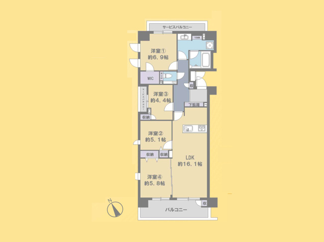 【間取り】 | 小田急コアロード相模原Ⅱ | 4つの居室とゆとりあるLDKを備えた4LDKの中古マンション。子育て世帯にうれしい、個室と団らんの場がそろう間取りです。家事動線と収納計画にこだわり、子育て中の忙しい毎日をしっかり支えます。