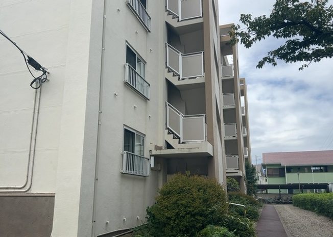 【中庭】 | 岡田住宅Ｂ号棟 | 共用部分に位置する中庭空間の様子です。建物に囲まれた穏やかなスペースとなっており、通風や採光にも貢献しています。巡回管理によって定期的な手入れがなされ、綺麗で衛生的な環境が保たれています。
