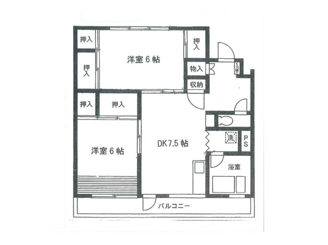 【間取り】 | 岡田住宅Ｂ号棟 | 2つの居室とダイニングキッチンを備えた2DKのマンション。二人暮らしから小さなお子様のいるご家庭まで。家事動線に配慮した設計と収納の工夫で、日々の暮らしがスムーズです。お気軽にお問い合わせください。