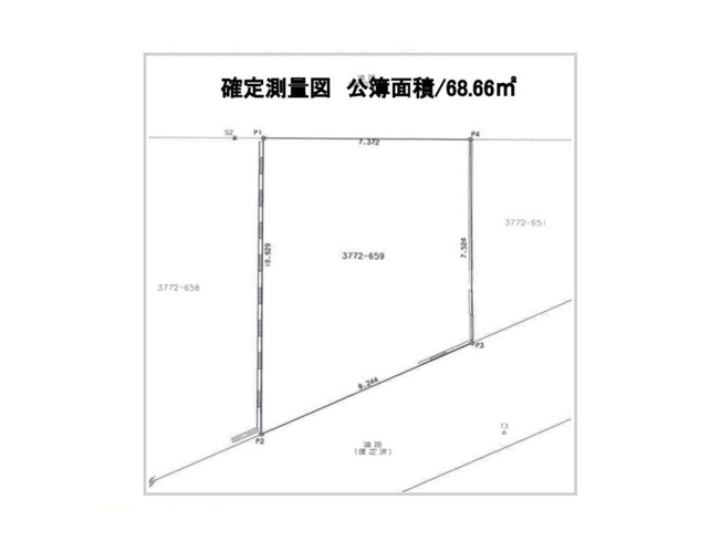 【土地図】 | 東大沼売地 | 図面の数字は各辺の長さ（m）、太線は道路に接する部分です。間口と奥行き、接道方向から建物の配置や駐車計画の目安がつかめます。高低差は現地でご案内します。※図面と現況が異なる場合は現況優先。