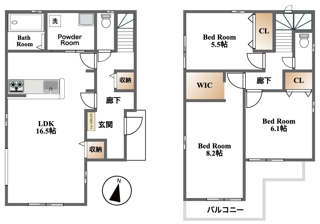流山市加2丁目　戸建の間取り|3LDK 土地面積99.73m2 建物面積92.94m2
全居室収納付きの3LDKWICや床下収納など豊富な収納スペースを完備。ご家族一人ひとりが快適でプライベートも充実した暮らしを実現できます。