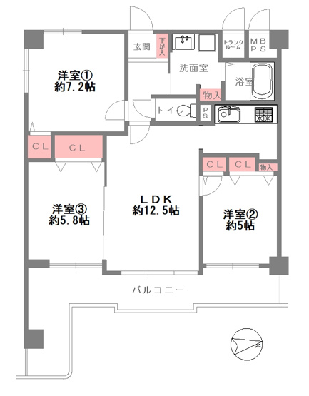 【間取り】 | ライオンズマンション東花園 | 【全洋室3LDK】室内水廻り設備一新！全面リフォーム済み☆エアコン1台（洋室1）・食洗機＆浄水器・バス追炊機能・浴室乾燥機完備☆安心の新調設備保証付き☆レースカーテン付き☆トランクルームあります♪