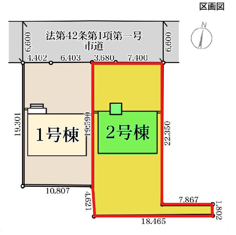 新築　伊勢崎市茂呂南町第3　Livele Garden.S　2号棟の区画図|2号棟　区画図　北側接道幅員約6ｍ			
	
