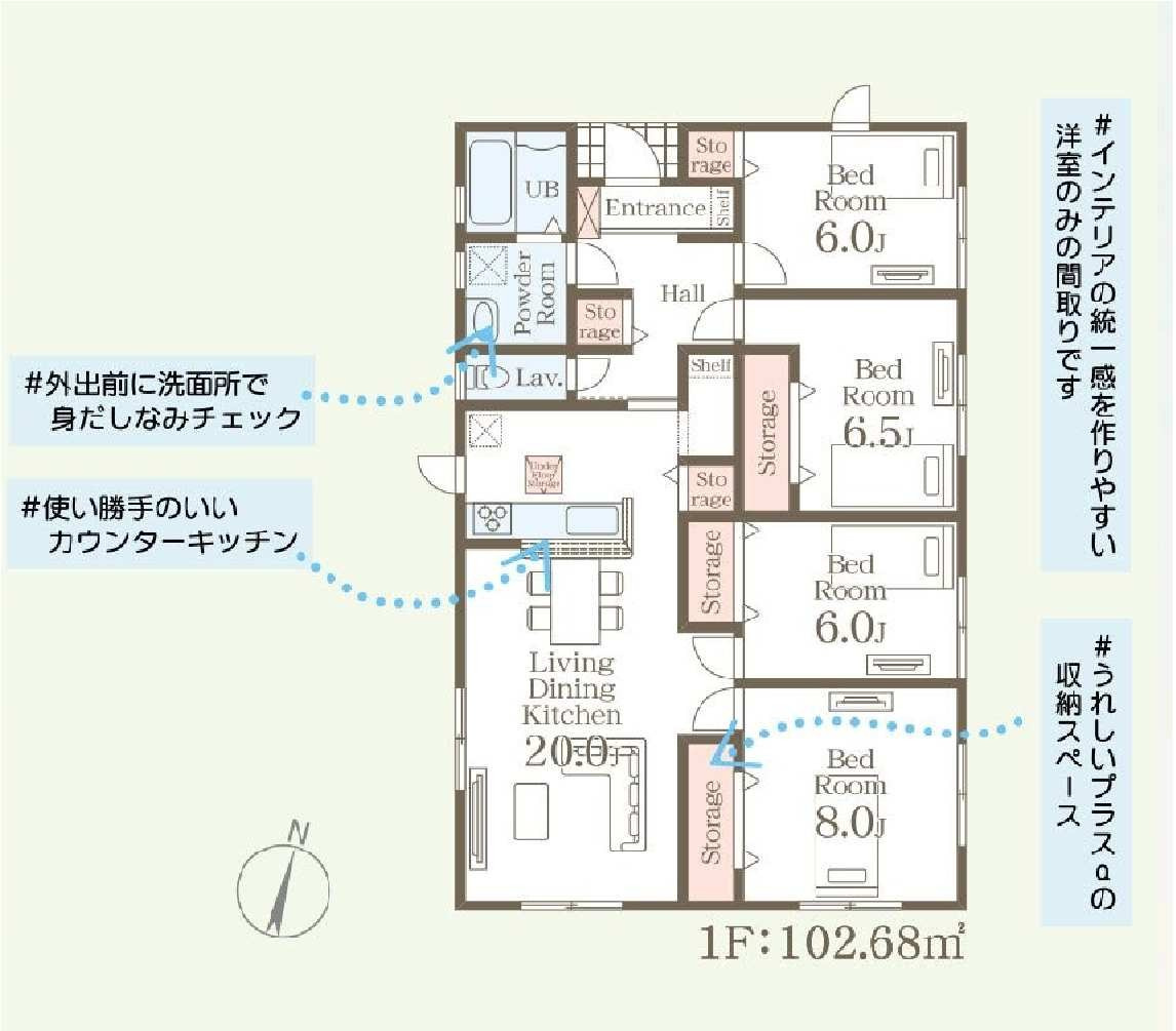新築　伊勢崎市茂呂南町第２　Livele Garden.S　2号棟の間取り|建物面積102.68㎡　広々20帖のLDK・全居室6帖以上の平屋のお家♪各部屋収納付きで便利です！