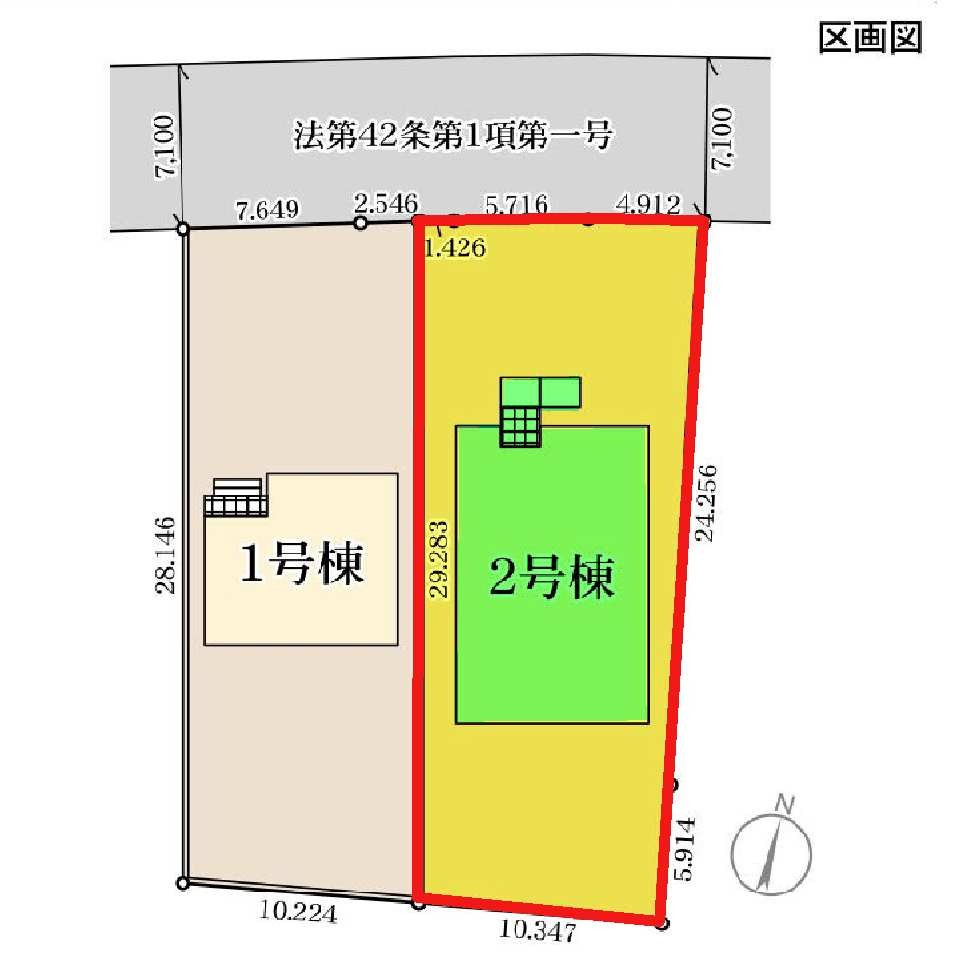 新築　伊勢崎市茂呂南町第２　Livele Garden.S　2号棟の区画図|2号棟　区画図　北側接道幅員約7.1ｍ			
	
