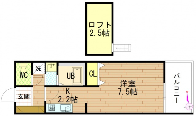 グラビスコート紙屋町の間取り|1R 洋室7.5帖・K2.2帖・ロフト2.5帖