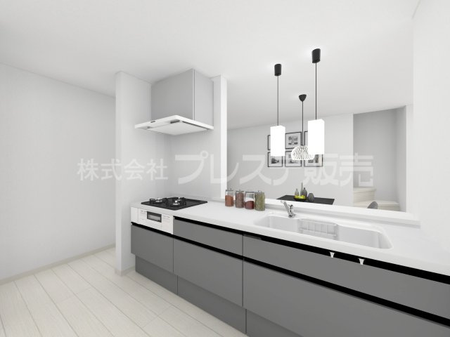 大和郡山市茶町の新築一戸建 全３区画のキッチン|１号地キッチン完成イメージ／人気の対面キッチン♪