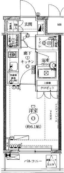 セジョリ蒲田の間取り|間取り　1K洋室6.1帖バストイレ別