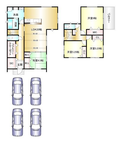 葛城市中戸 全5区画 1号棟の間取り|4LDK　土地面積：201.07ｍ2　建物面積：104.12ｍ2　駐車４台可
