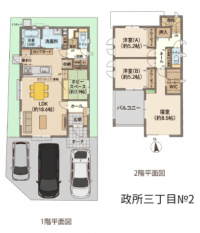 セルリアンステージ 周南市政所三丁目の間取り|№2区画間取り図です。
約18.6帖の広々LDKには趣味やワークスペースに活用できる約4帖のホビースペースを隣接。収納も充実した機能的な3LDK。