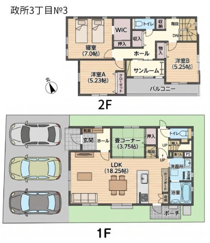 セルリアンステージ 周南市政所三丁目の間取り|№3区画間取り図です。
LDKと一体で使える3.75帖の畳コーナーを配置。2階には室内物干しに便利なサンルームと大容量WICを備えた3LDK。