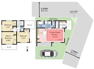 【間取り】 | 北東角地の開放感溢れる住まい♪ウッドデッキや南向きバルコニーを備えた14.75帖のLDKで家族の時間が弾みます。食洗機やポケットキー等充実の設備！スーパー徒歩1分で日々のお買い物も安心です！