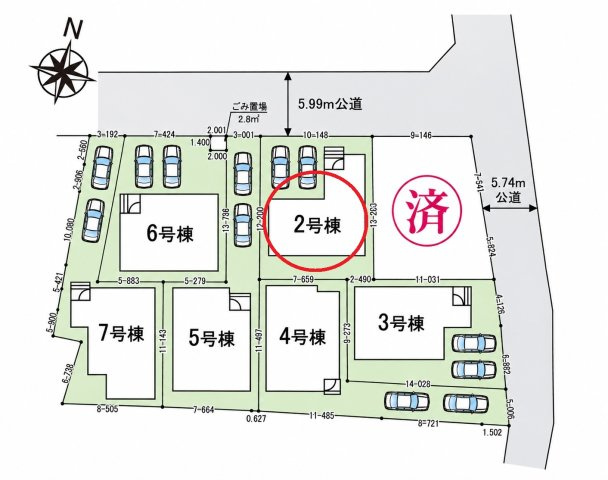 仲介手数料無料　鴻巣市天神４丁目2-27　新築住宅　全７棟の区画図