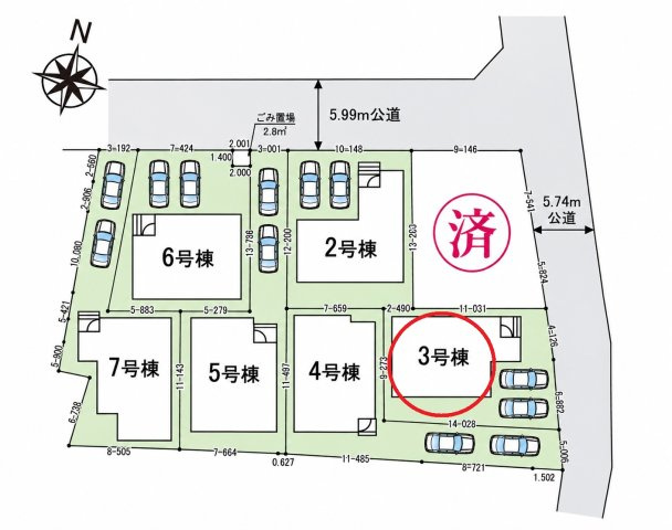 仲介手数料無料　鴻巣市天神４丁目2-27　新築住宅　全７棟の区画図