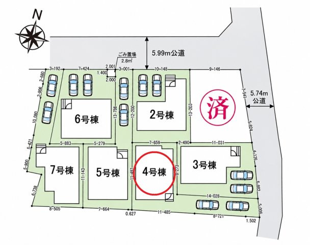 仲介手数料無料　鴻巣市天神４丁目2-27　新築住宅　全７棟の区画図