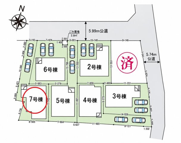 仲介手数料無料　鴻巣市天神４丁目2-27　新築住宅　全７棟の区画図