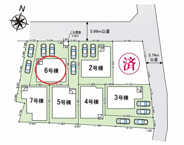 仲介手数料無料　鴻巣市天神４丁目2-27　新築住宅　全７棟の区画図