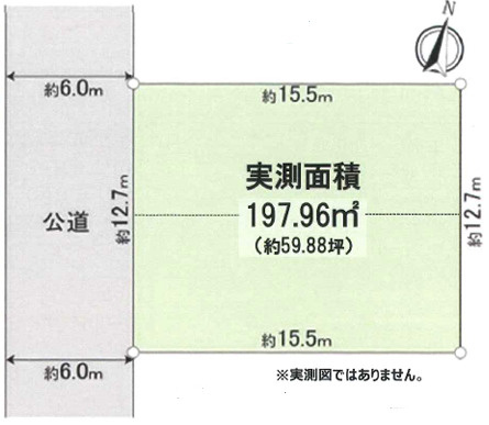世田谷区上用賀～建築条件無しの売地～の区画図|敷地面積197.96㎡（約59.88坪）の整った敷地形状です。西側幅員約6.0mの公道に約12.7m接道しており、日当たりや風通りが良好で、自由度の高い建物プランを検討しやすい配置となっています。