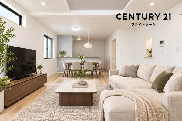 横浜市旭区南希望が丘の新築一戸建の居間・リビング|自慢したくなるリビング！
形も良く家具の配置にも困りません。
※家具等はCGでの参考レイアウトです。
