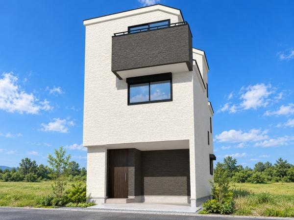 横浜市都筑区東山田町の新築一戸建の完成予想図|外観のイメージパースです。
お洒落な外観で完成が楽しみです。
※背景はCGでのイメージになり、実際とは異なります。