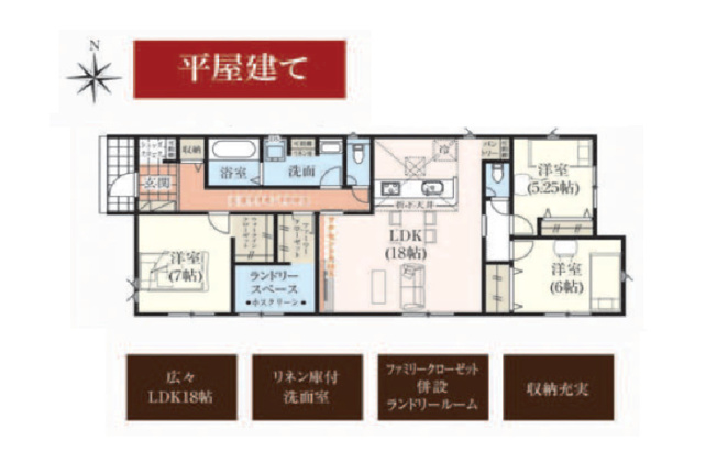 【間取り】 | 太田市鳥山上町 新築戸建住宅 | 18帖LDKにランドリールームや広々クローゼットを完備した快適な3LDK平屋です。