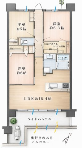 【間取り】 | 仲町台パークヒルズ | 専有面積75.07平米のゆとりある住空間。南東向きの明るさを活かし、家族がのびのびと暮らせる間取りです。バルコニーは17.00平米を確保し、開放感のある住まいを演出します。