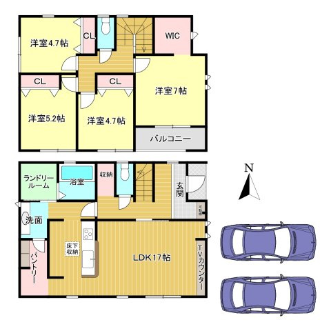 広陵町三吉大垣内2期　2号棟の間取り|4LDK＋WIC　土地面積:134.52ｍ2　建物面積：112.62ｍ2　駐車並列2台可能